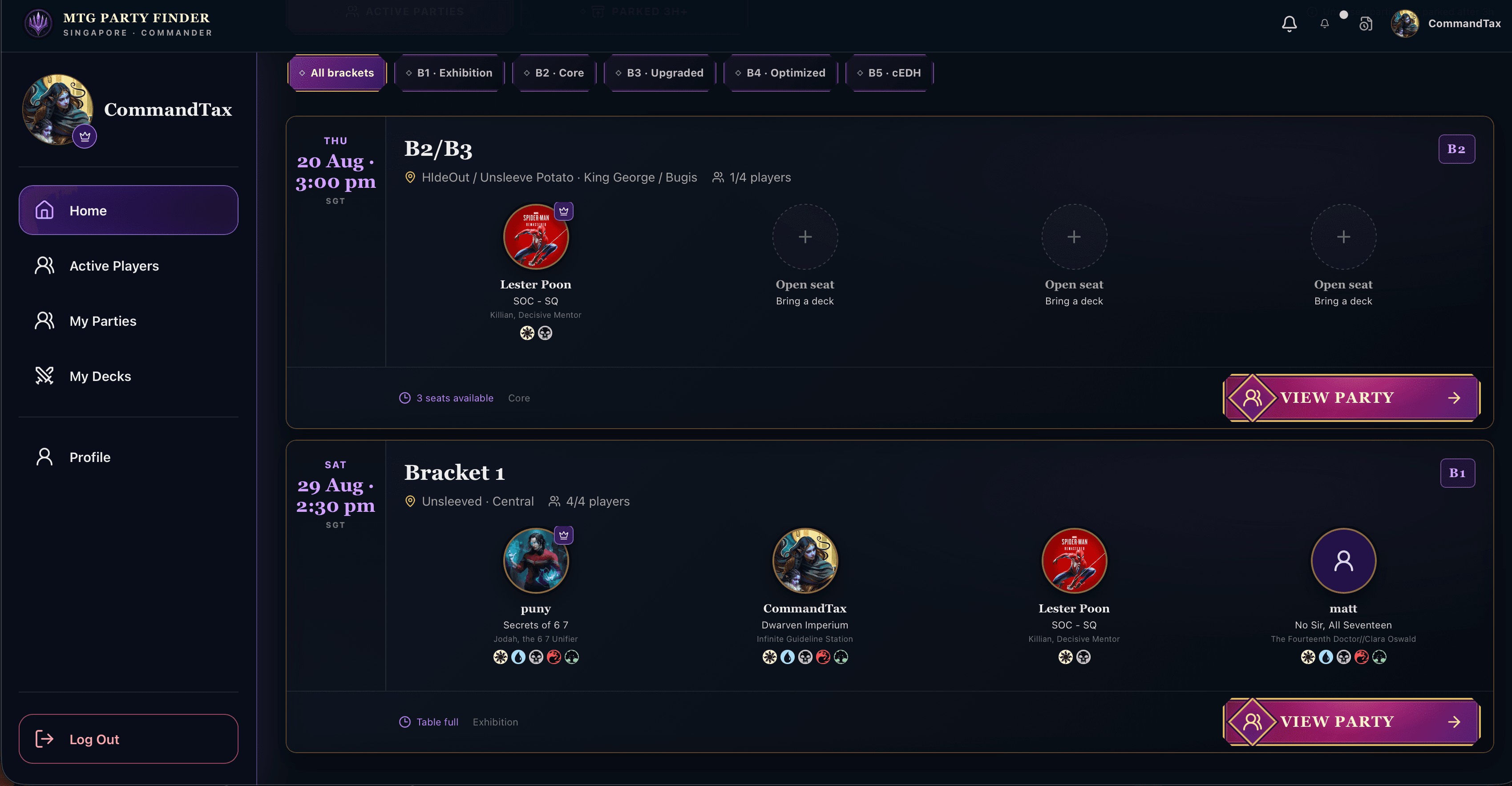 MTG Party Finder showing nearby Commander parties and open seats